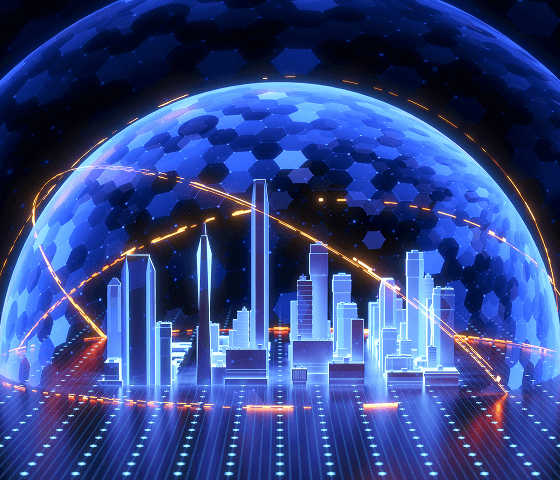 A digital city in neon blue and orange is under a dome made of hexagons in various shades of blue to represent the incredible VPN protection you get with Tweaknews.