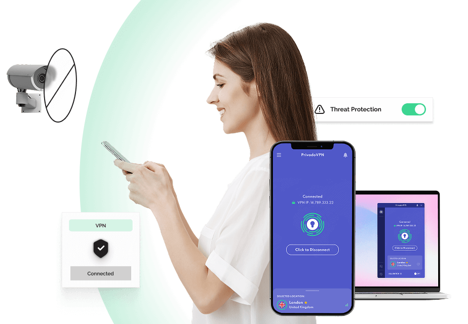 A woman is smiling and looking at her phone. A security camera has a “no” symbol in front of it, blocking its view of the woman. A laptop and cellphone with the PrivadoVPN interface on it are superimposed in front of her, as are two popup boxes showing that threat protection is on and the VPN is connected.