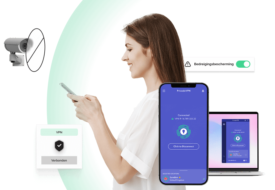 Een vrouw glimlacht en kijkt naar haar telefoon. Voor een beveiligingscamera staat een “verboden”-symbool, waardoor deze haar niet kan zien. Voor haar zijn een laptop en een mobiele telefoon met de PrivadoVPN-interface geplaatst, evenals twee pop-ups die tonen dat dreigingsbescherming is ingeschakeld en de VPN is verbonden.