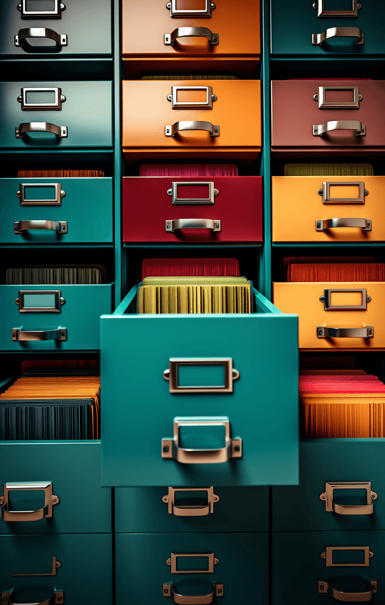 A wall of filing cabinet doors in red, yellow, and blue.