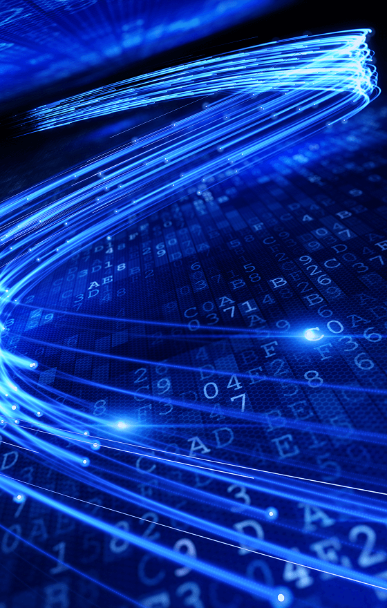 A digital landscape in blue with hex code written on it and a swirl of lines zooming by in an 'S' pattern from the background into the foreground.