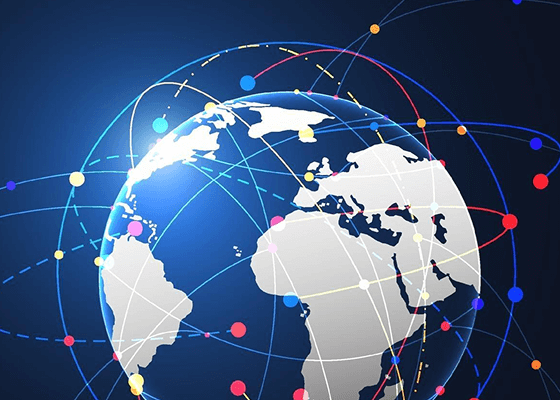 A cartoon of a globe with several lines surrounding it in red, yellow, and blue, representing Usenet.
