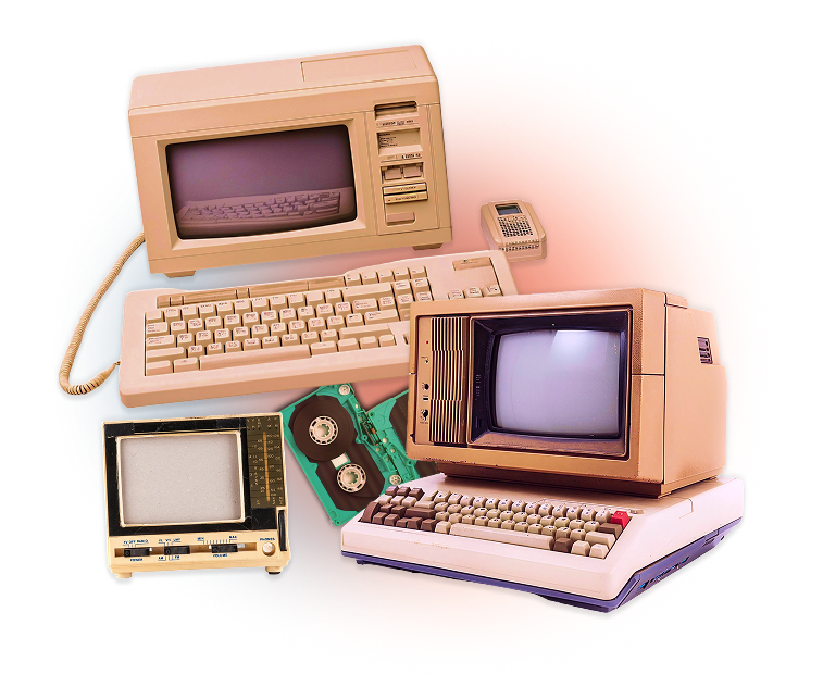 A mosaic of several old-school computers and associated devices.