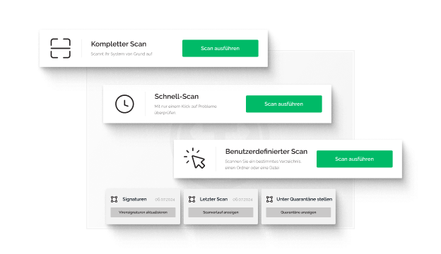 Eine Reihe von Pop-up-Fenstern, die die unterschiedlichen Arten von Scans anzeigen, die Sie mit der über Tweaknews verfügbaren Antiviren-Software durchführen können, ebenso wie Signaturen, letzter Scan und Quarantäne.