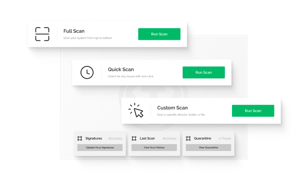A series of popup boxes showing the various types of scan you can run with the antivirus software available through Tweaknews as well as Signatures, Last Scan, and Quarantine.