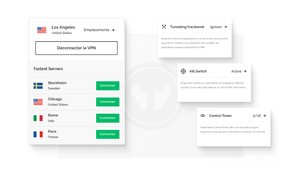 Une fenêtre contextuelle VPN montre que la personne est connectée à un serveur à Los Angeles. Elle est placée à côté d’autres fenêtres : une intitulée « Tunneling fractionné » avec le texte : « Autorisez certaines applications à se connecter via un tunnel sécurisé et d’autres à le contourner sans modifier les paramètres réseau ni désactiver le VPN », une autre intitulée « Kill Switch » avec le texte : « Suspendez toutes les applications Internet ouvertes si vous êtes déconnecté du client VPN Tweaknews. », et une intitulée « Control Tower » avec le texte : « Tweaknews Control Tower offre une sécurité en ligne inégalée et un moyen de contourner la censure sur Internet. »
