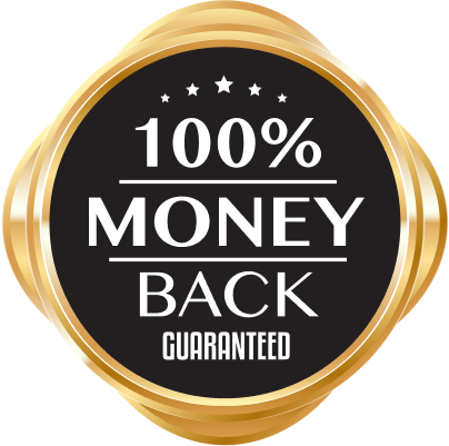 A black and gold seal with the words “100% Money back Guaranteed” written on it and five stars, all in white.