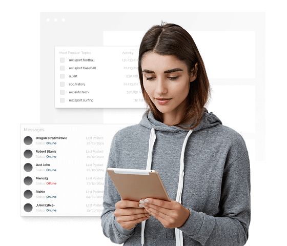 A woman wearing a grey hoodie is having discussions on Usenet with her tablet.