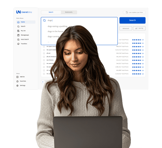 A woman with long brown hair wearing a sweater is enjoying the ease of use that comes with preconfigured UsenetWire newsreader. In the background is a Usenet search page.