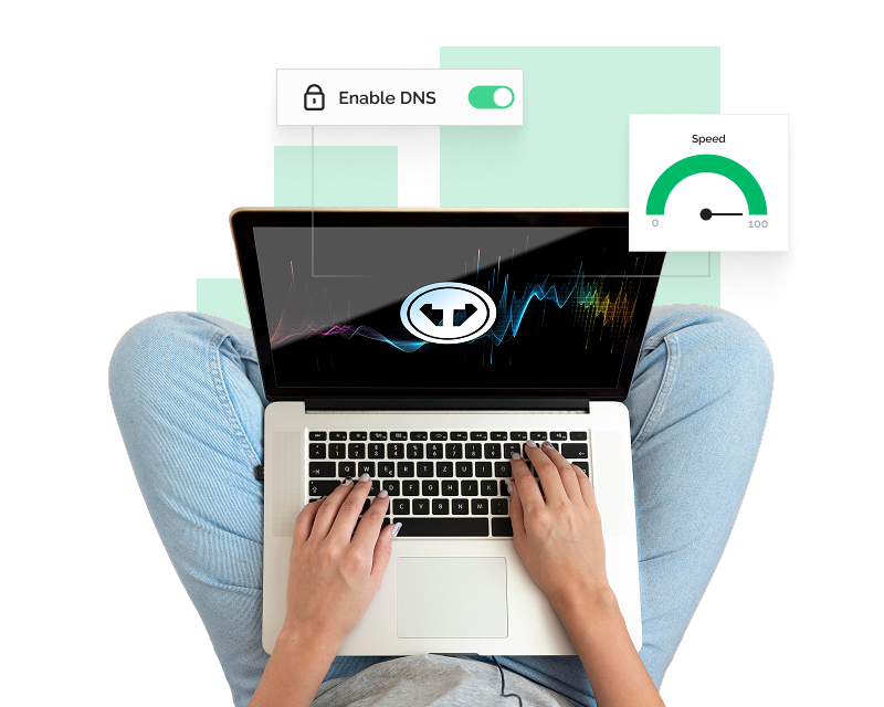 An overhead view of a person on a laptop. The Tweaknews logo is on the screen and there are two popup boxes next to it, one showing DNS is enabled and one showing speeds going from 0 to 100.
