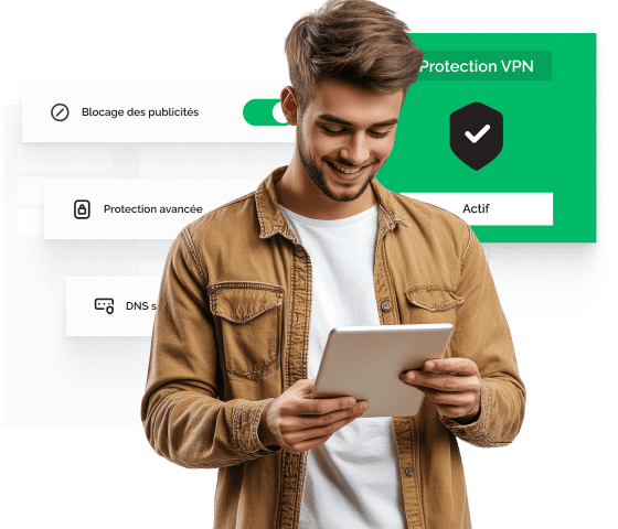 Un homme en t-shirt beige sourit à sa tablette. Derrière lui, plusieurs fenêtres contextuelles s’affichent, dont une indiquant que la protection VPN est active, ainsi que le blocage des publicités, la protection avancée et la sécurité générale.